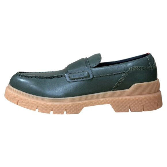 HUGO Double Stitching Loafers Olive Leather US 9 (UK 8 EU 42) Moc Toe Brown Sole